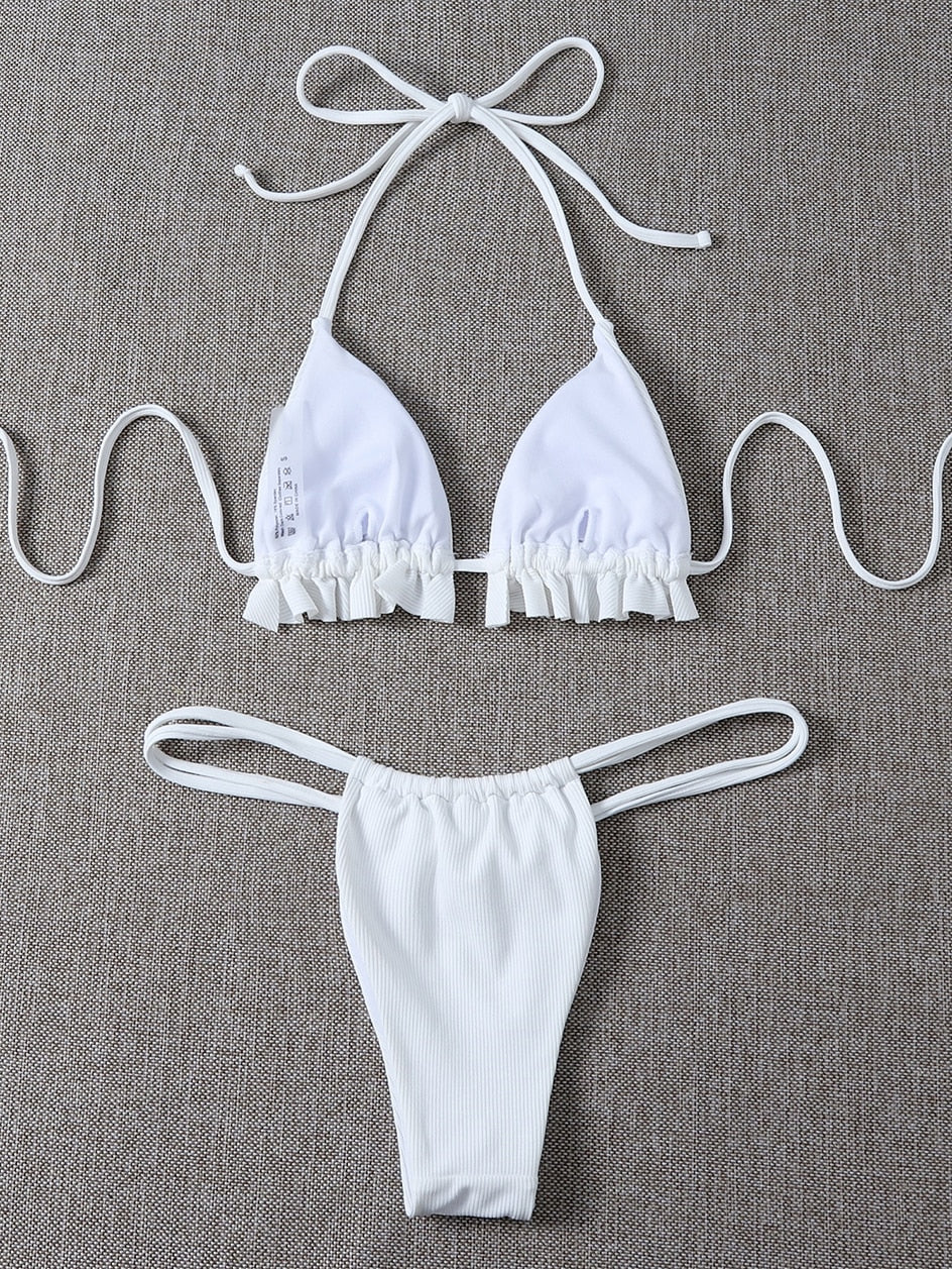 Ruffle swimsuit thong G-string micro bikinis set by The Clothing Company Sydney, featuring halter top and minimal swimwear for women.