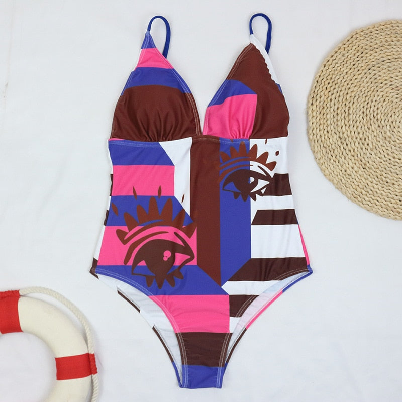 Blue floral print one-piece swimsuit by The Clothing Company Sydney, featuring a push-up design and vintage style for women.