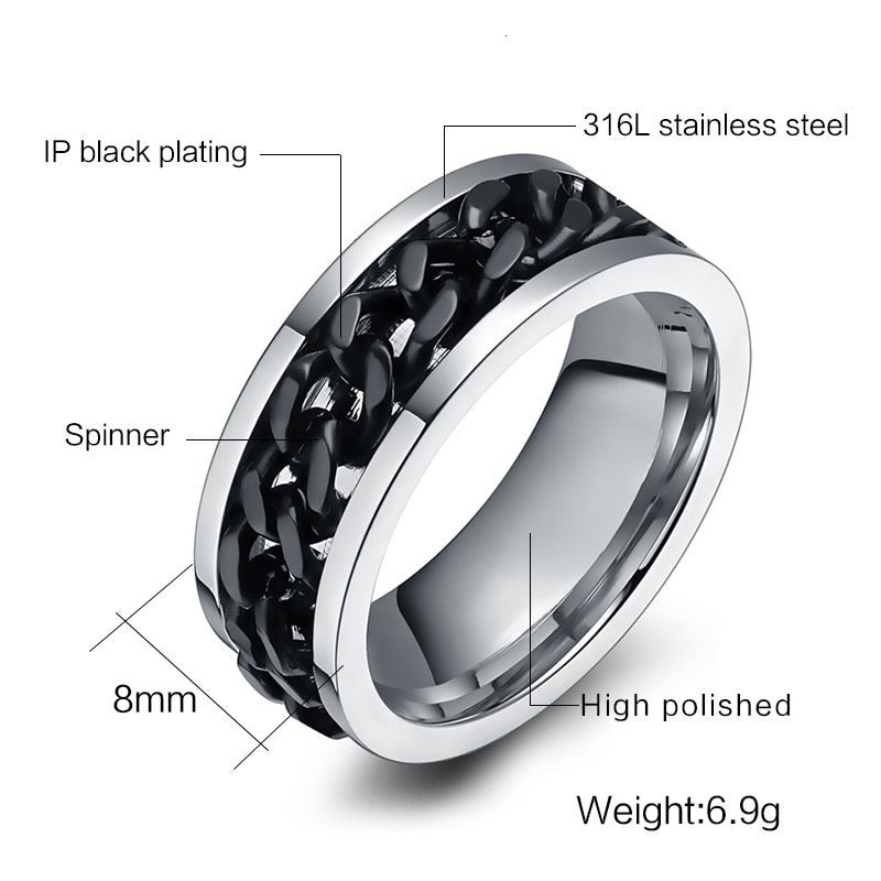 Black titanium steel chain ring for men, Vnox Spinner jewelry, featuring a punk-inspired design on a metal finger ring.