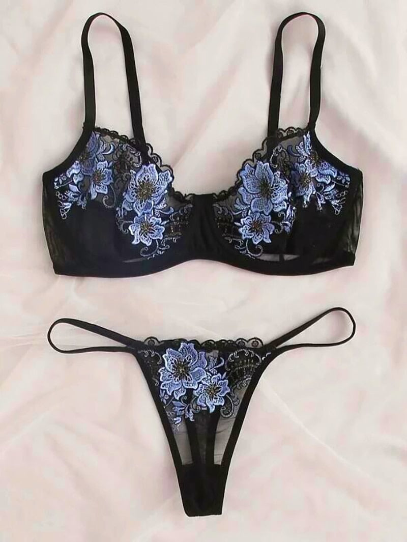 Floral embroidery lingerie set with lace, underwire push-up bra and matching underwear, from The Clothing Company Sydney.