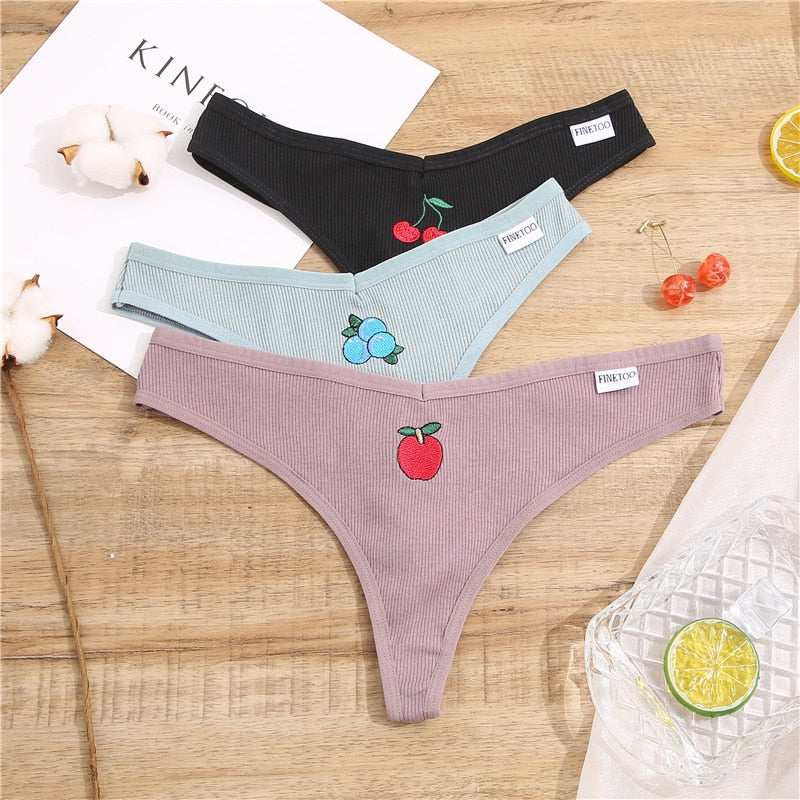 Cotton fruit embroidery G-string panties by The Clothing Company Sydney, T-back thong lingerie with colorful fruit designs.
