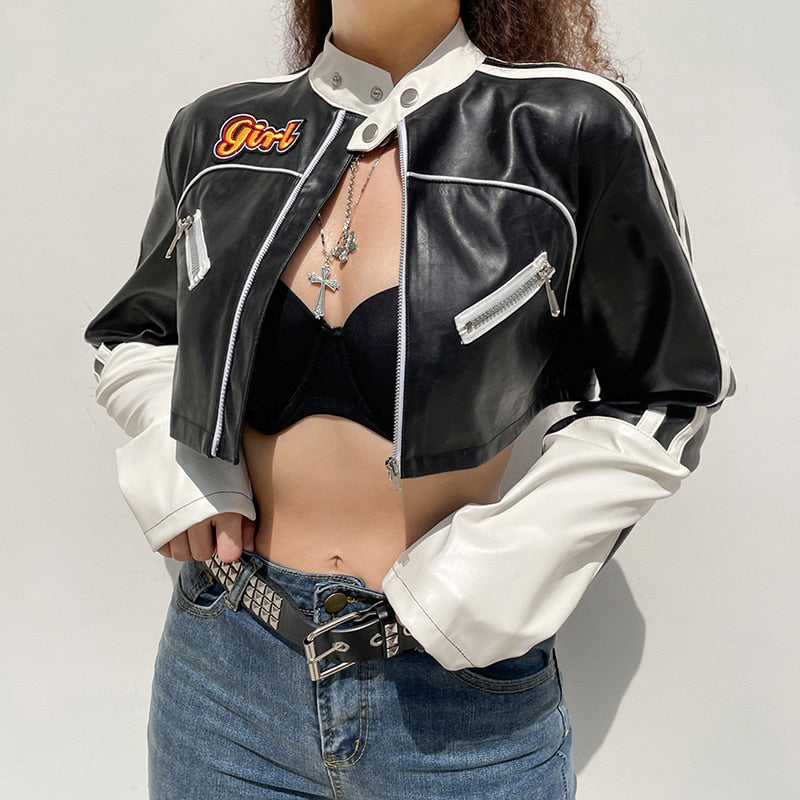 Punk style patchwork cropped PU leather jacket for women with zippers, contrast colors, perfect for autumn and winter fashion.