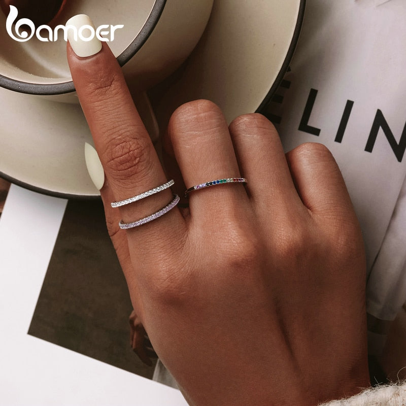 Sterling silver CZ simulated diamond stackable eternity ring with platinum plating, designed for women, from The Clothing Company Sydney.