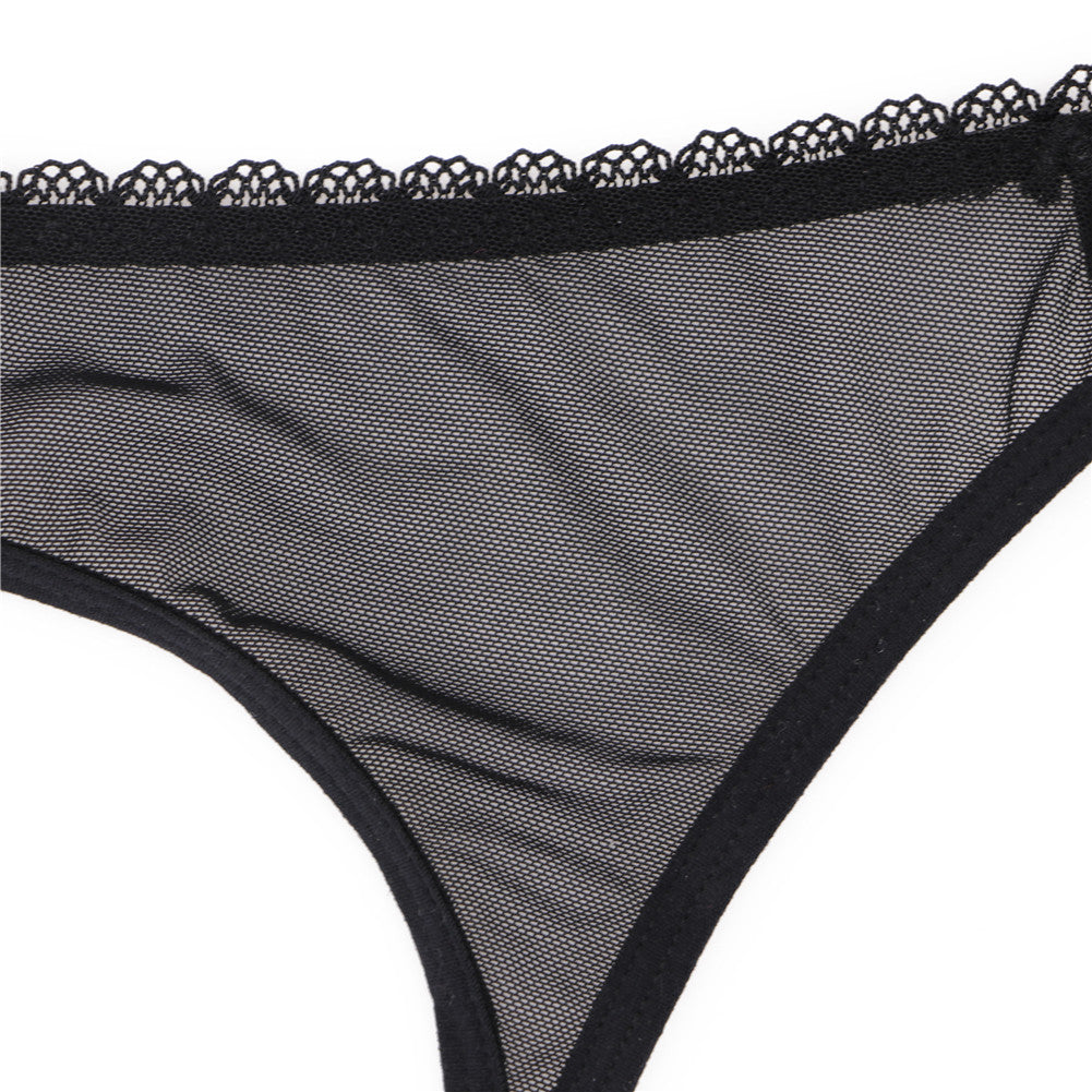 Ultra-thin transparent yarn lingerie set by The Clothing Company Sydney, featuring bras, garters, thongs, and stockings.