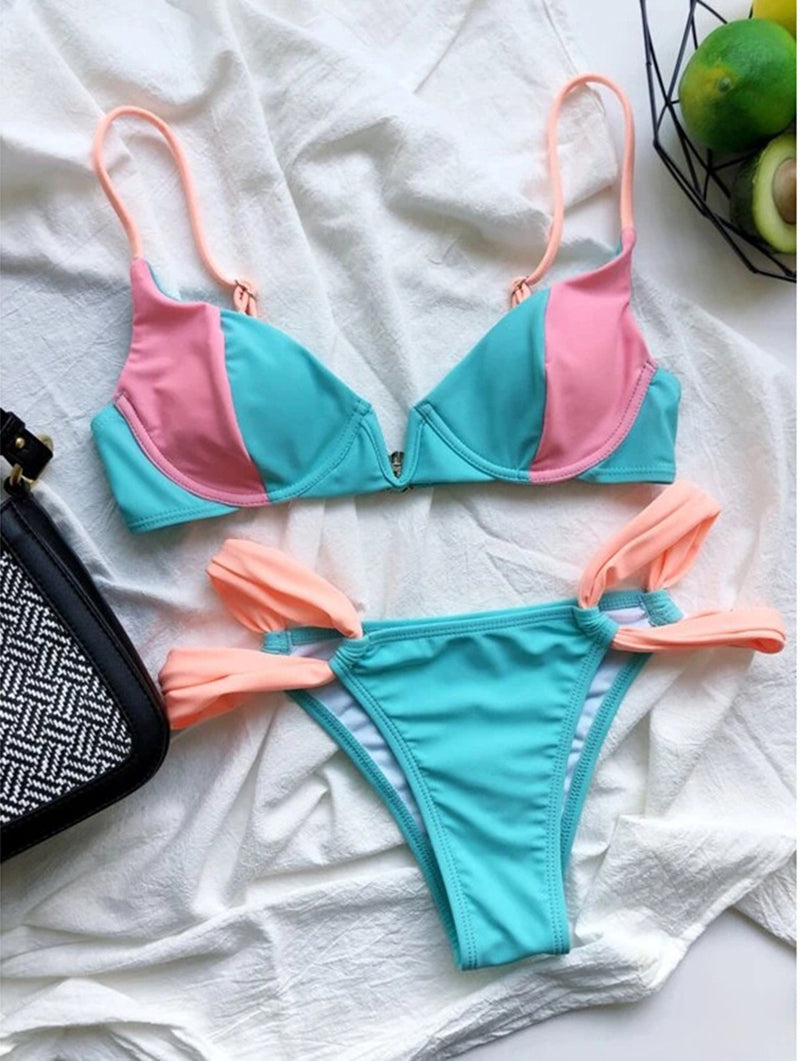 Two-piece patchwork push-up swimsuit bikini set by The Clothing Company Sydney, featuring vibrant colors and adjustable straps.