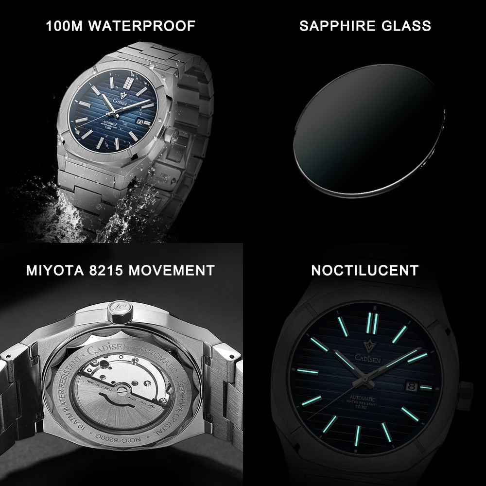 Cadisen men's diver watch with retro luxury design, sapphire crystal, automatic Miyota 8215 movement, German style, 10BAR water resistance