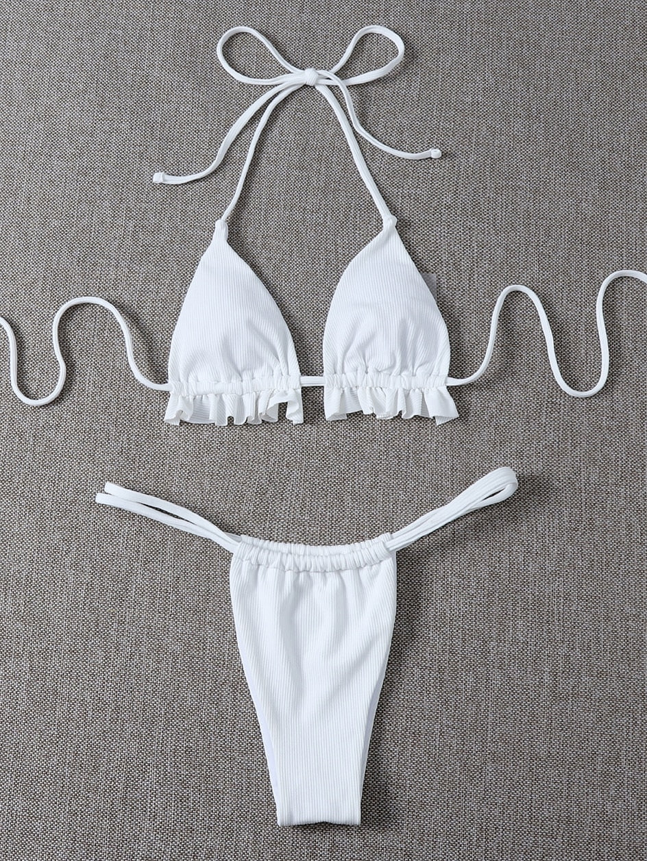 Ruffle swimsuit thong G-string micro bikini set with halter top, stylish swimwear for women by The Clothing Company Sydney.