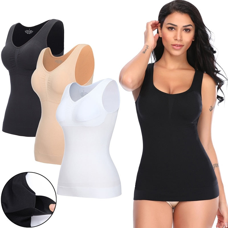 Shapewear tank top by The Clothing Company Sydney with built-in bra, wide straps, sleeveless design, and removable bra pad.
