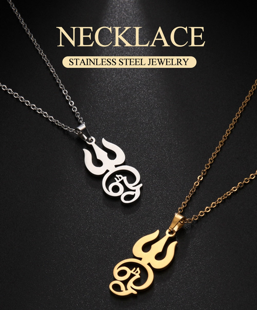 Stainless steel Tamil Om Aum symbol pendant with trident on chain, vintage Shiva yoga jewelry, by The Clothing Company Sydney.