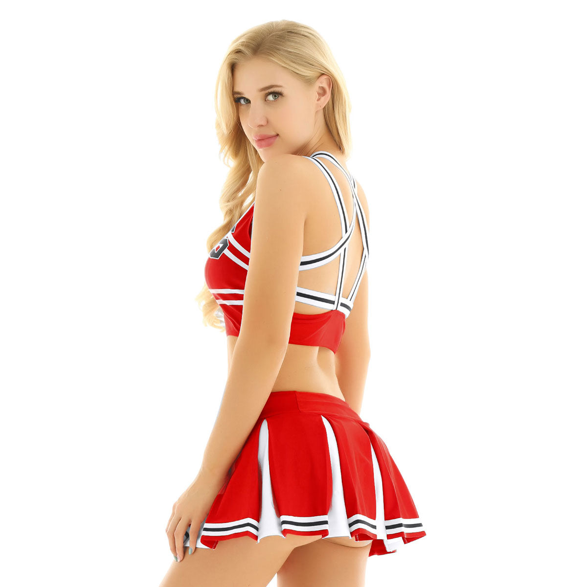 Cosplay cheerleader costume set featuring sleeveless crop top and pleated mini skirt by The Clothing Company Sydney.