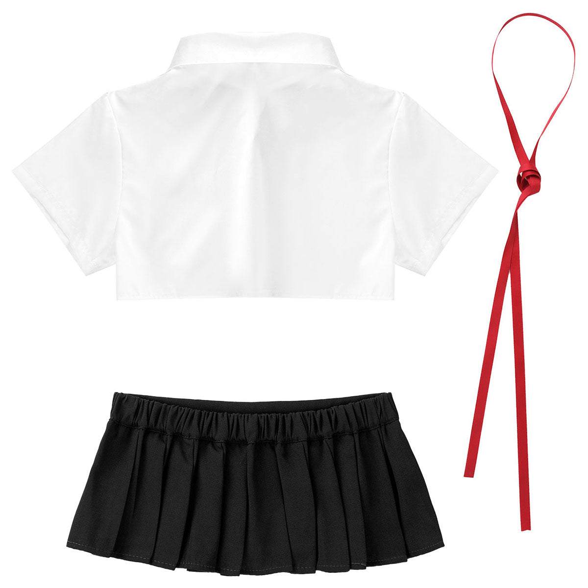 Adult school uniform cheerleading cosplay costume featuring a collar crop top with ribbon and a pleated mini skirt.