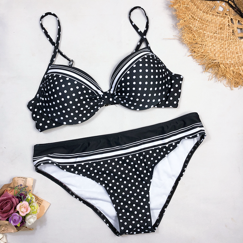 Black polka dot bikini set with padded push-up cups, stylish swimwear by The Clothing Company Sydney.