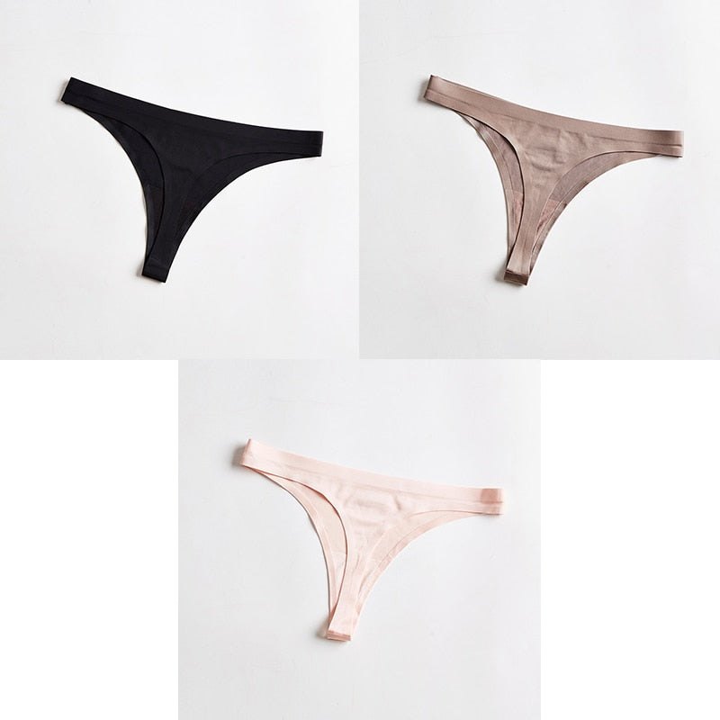 Three-pack of seamless ice silk thong underwear from The Clothing Company Sydney, T-back G-string style, lightweight and comfortable for women.