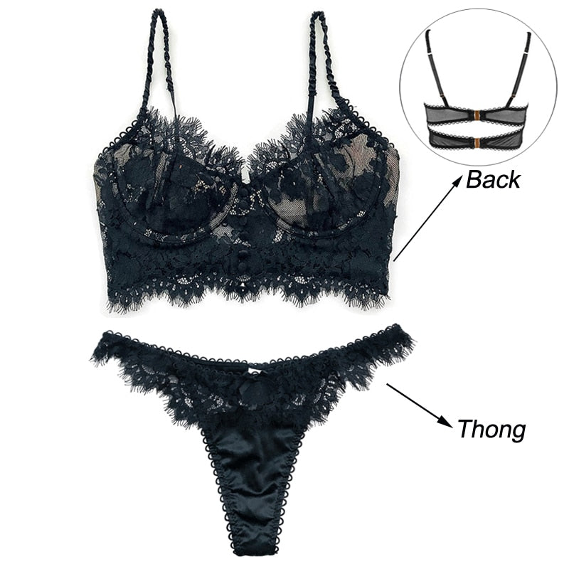 Ultra thin lace lingerie set by The Clothing Company Sydney featuring a push-up bralette and matching panty with eyelash lace detail.