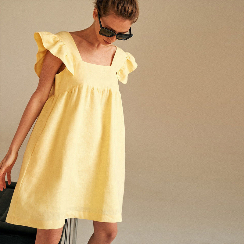 Elegant mini dress by The Clothing Company Sydney featuring ruffle sleeves, square neckline, and solid color for summer wear.