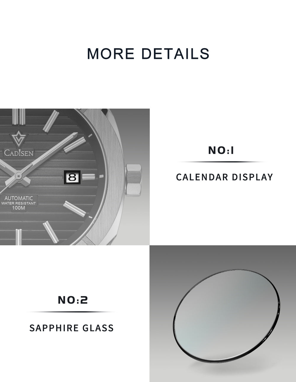 Cadisen men's diver watch with sapphire crystal, automatic MIYOTA 8215 movement, German design, water-resistant 10Bar.