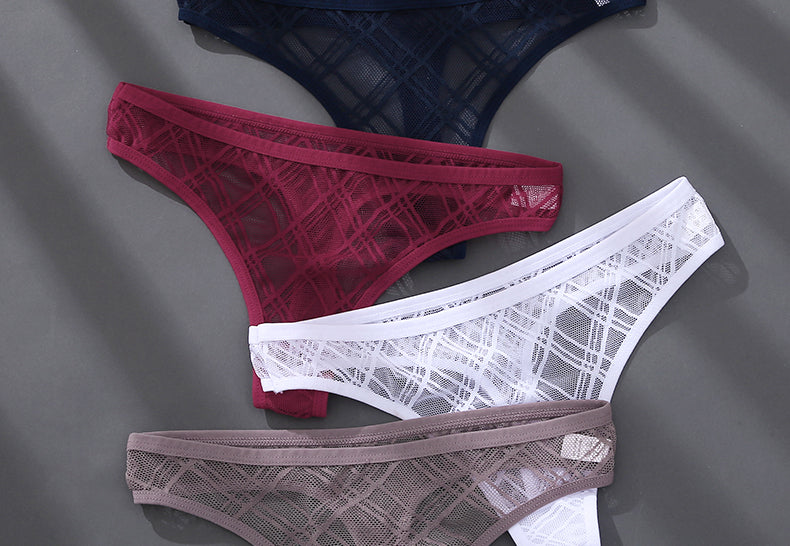 Three floral transparent lace thong panties from The Clothing Company Sydney, featuring low-waist mesh G-string lingerie.