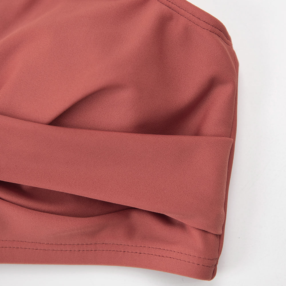 Red high-waist bikini set with twist detail, V-neck swimwear from The Clothing Company Sydney, perfect for beach or poolside wear.