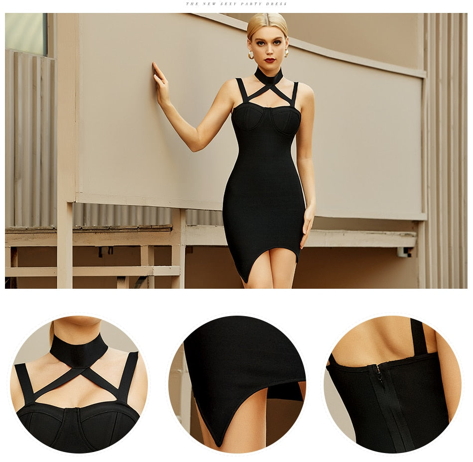 Black sleeveless summer halter mini bandage dress by The Clothing Company Sydney, perfect for night club or evening parties.