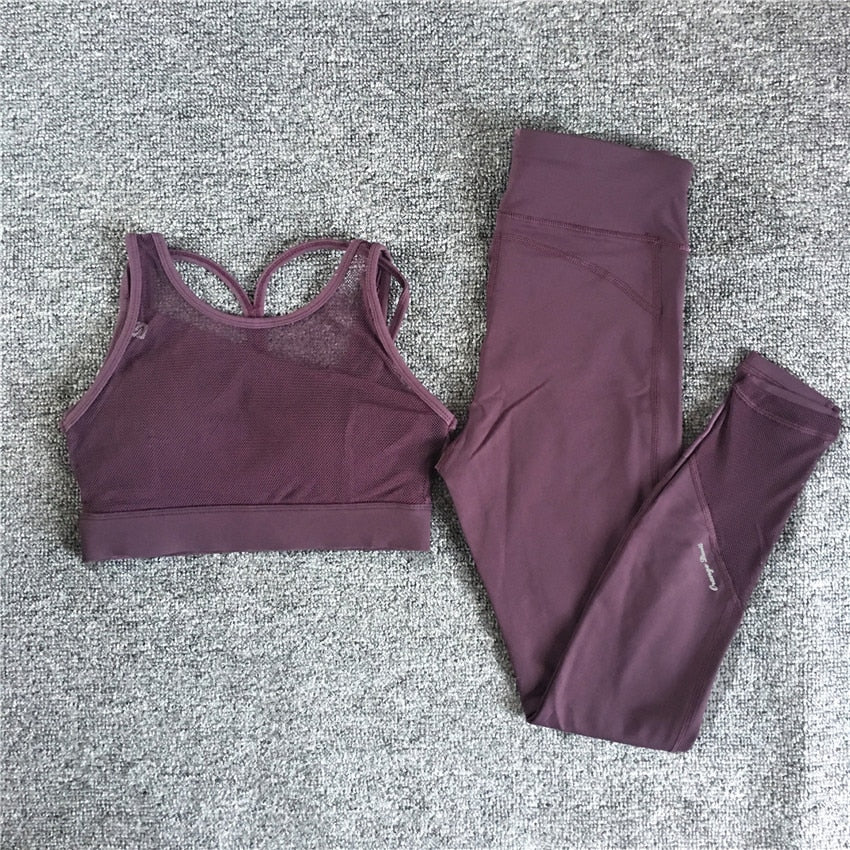 Women’s 2-piece yoga and fitness set by The Clothing Company Sydney, featuring mesh sportswear for gym, yoga, and running workouts.