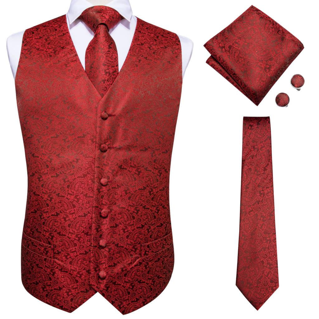 Men's luxury paisley floral plaid silk vest and tie set in blue, gold, red, and silver, perfect for wedding suits.