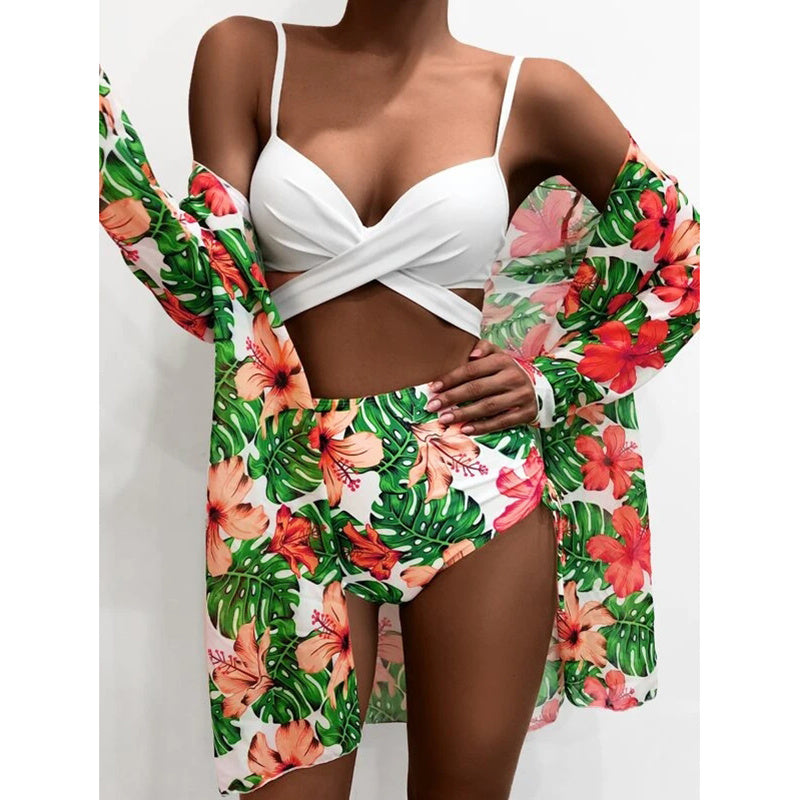 Print floral swimsuit set featuring a 3-piece beach bikini with push-up top from The Clothing Company Sydney, perfect for summer swimming.