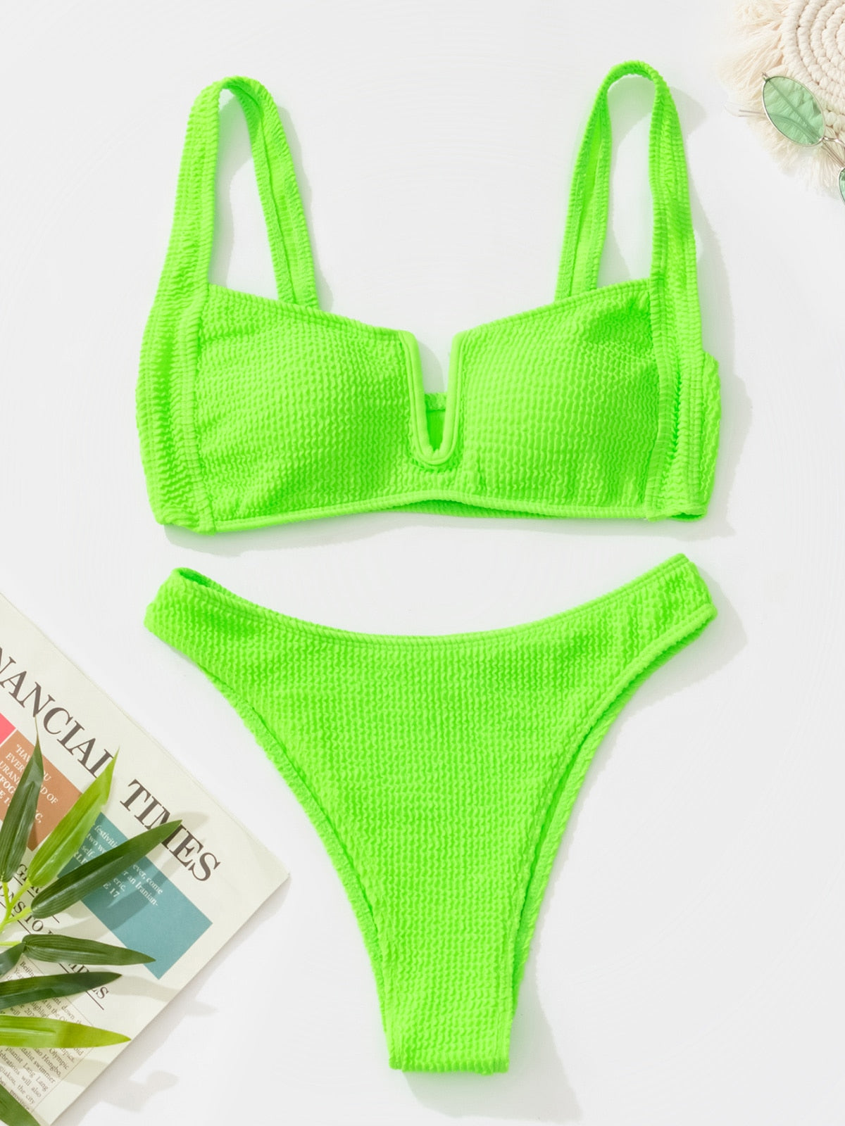High waist Brazilian bikini swimsuit set by The Clothing Company Sydney featuring bandeau top and thong design on a model.