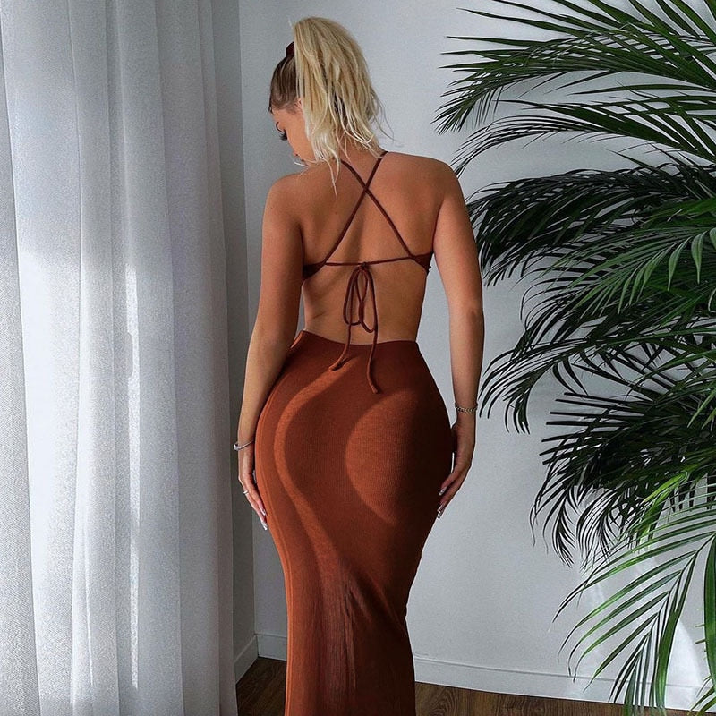 Elegant sleeveless summer halter maxi dress by The Clothing Company Sydney, backless with cutout and bandage design for club parties.