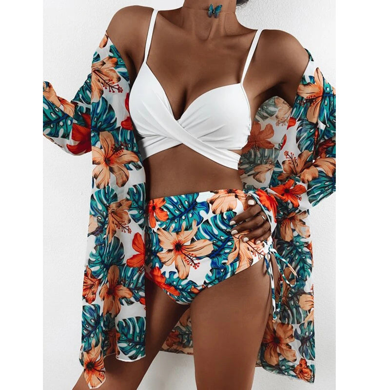 Print floral 3-piece swimsuit set by The Clothing Company Sydney featuring push-up bikini tops and matching beach bottoms.
