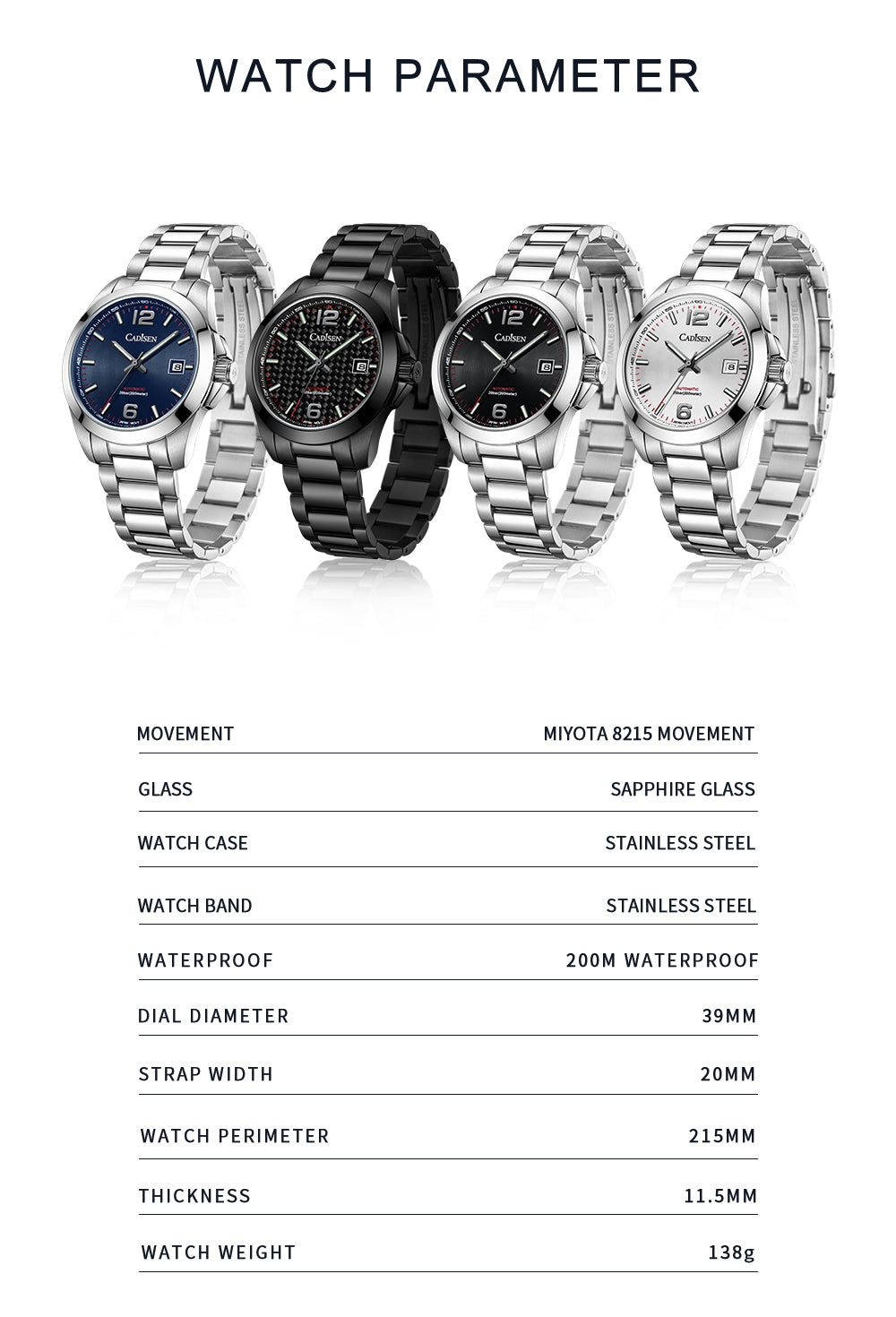 Cadisen New 39mm Men's Automatic Mechanical Watch Classic Retro 200m Waterproof Business Sports MIYOTA 8215 Watches The Clothing Company Sydney