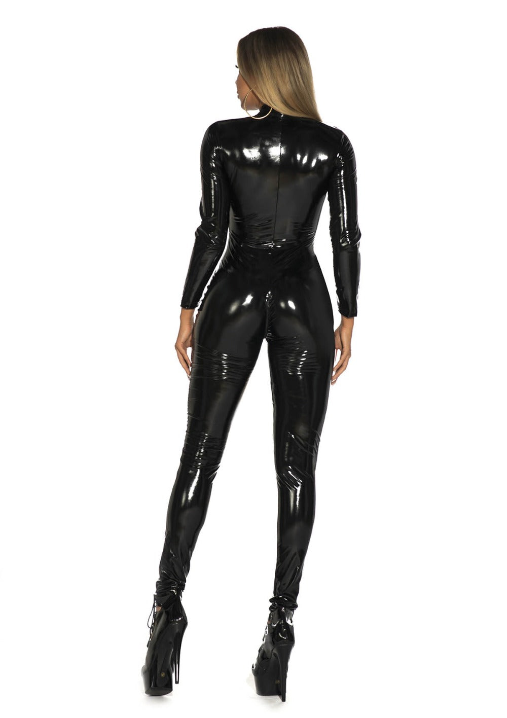 Black and red wetlook faux leather long sleeve PVC catsuit with front zipper, open crotch, stretch clubwear jumpsuit from The Clothing Company Sydney.
