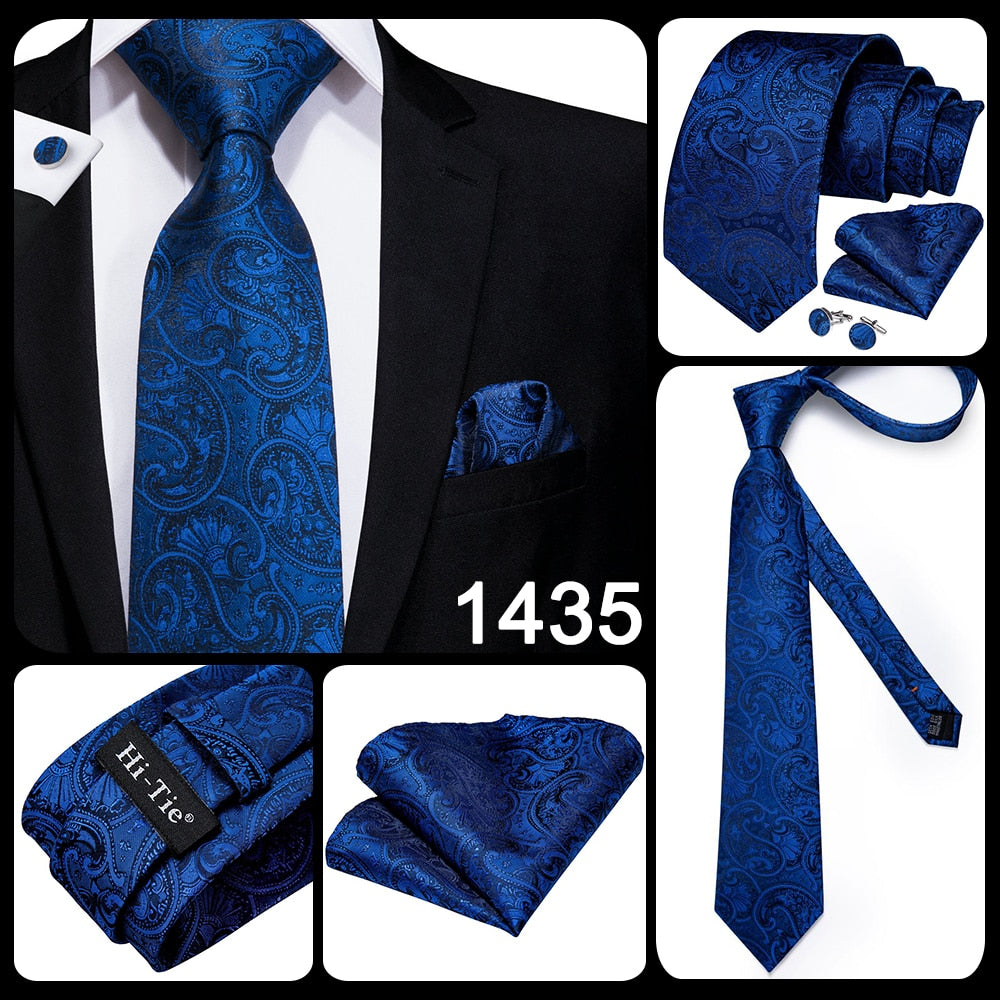 Blue silk men's business tie with dot pattern, plaid cufflinks, and matching accessories for wedding and formal occasions.