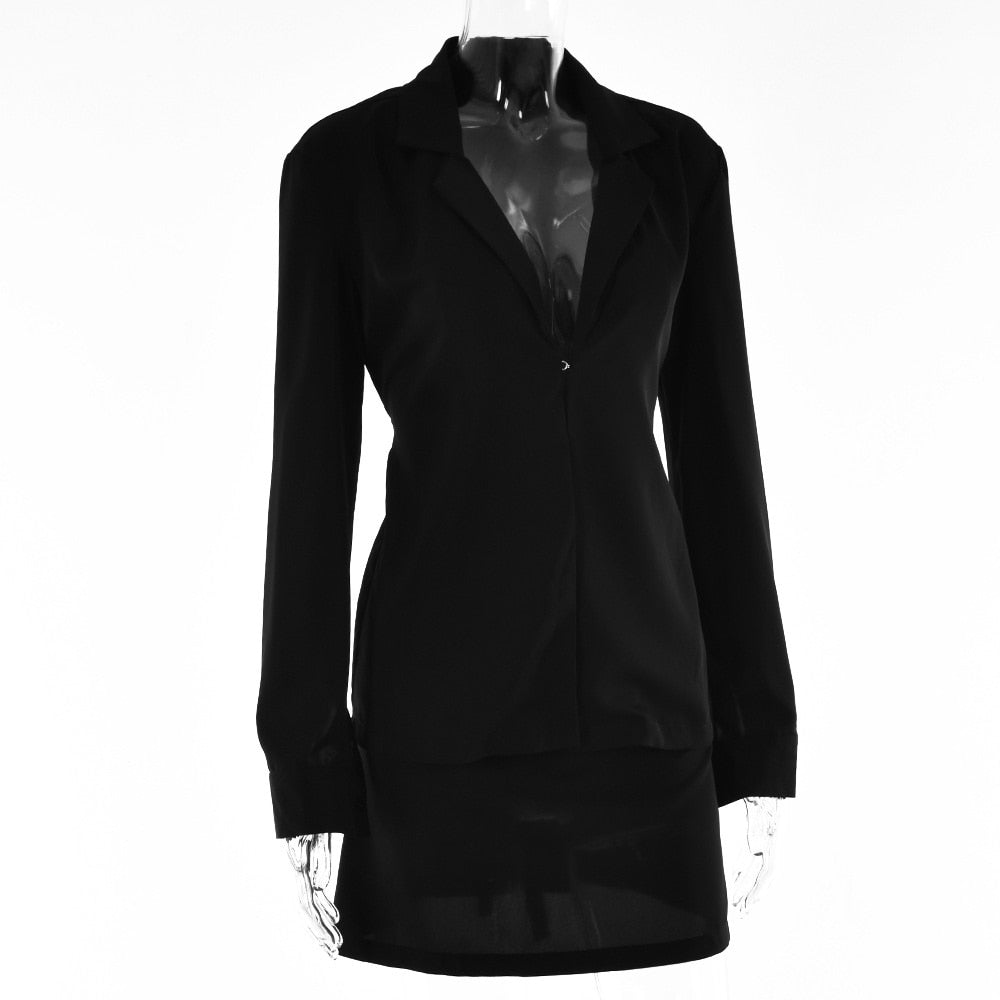 Brown two-piece women's dress with turn-down collar and long sleeves, high waist skirt, perfect for autumn office wear.