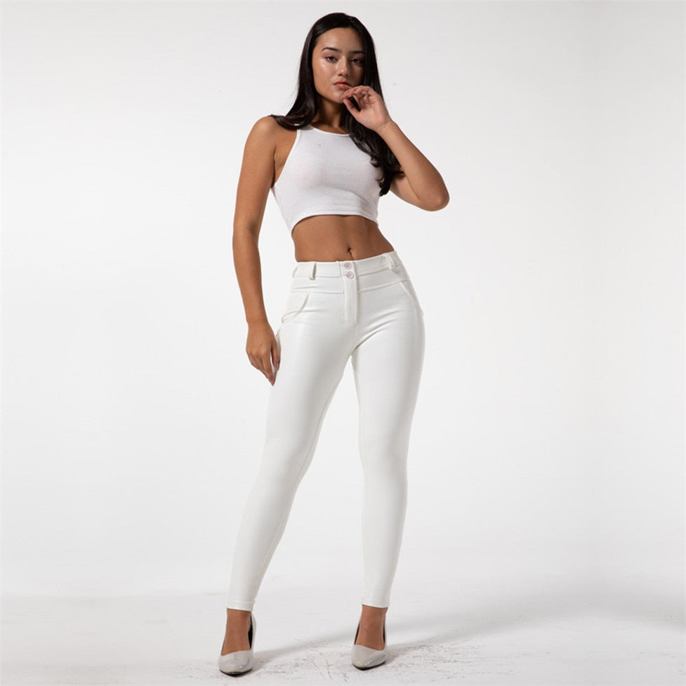 White faux leather leggings with fleece lining, women's winter jeggings from The Clothing Company Sydney, casual push-up pants.