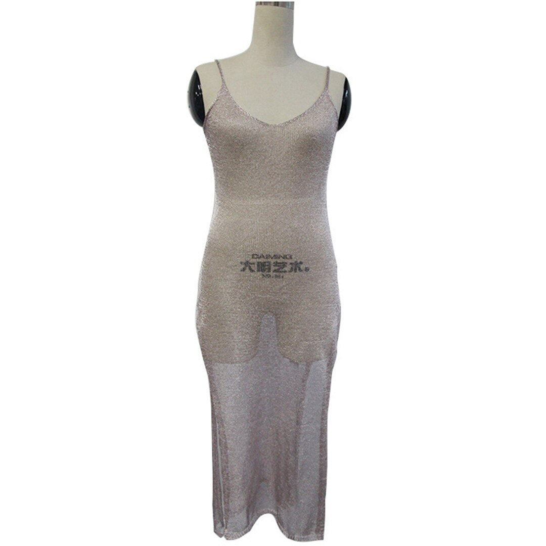 Sheer net mesh glitter tunic cover-up swimsuit by The Clothing Company Sydney, featuring a long beach dress design with sparkling accents.
