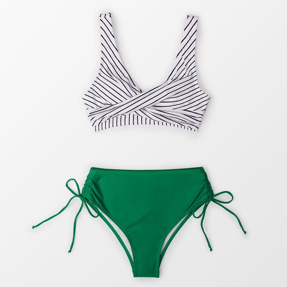 Mid-waist bikini swimsuit set with lace-up front, two-piece swimwear from The Clothing Company Sydney, suitable for beach or pool.
