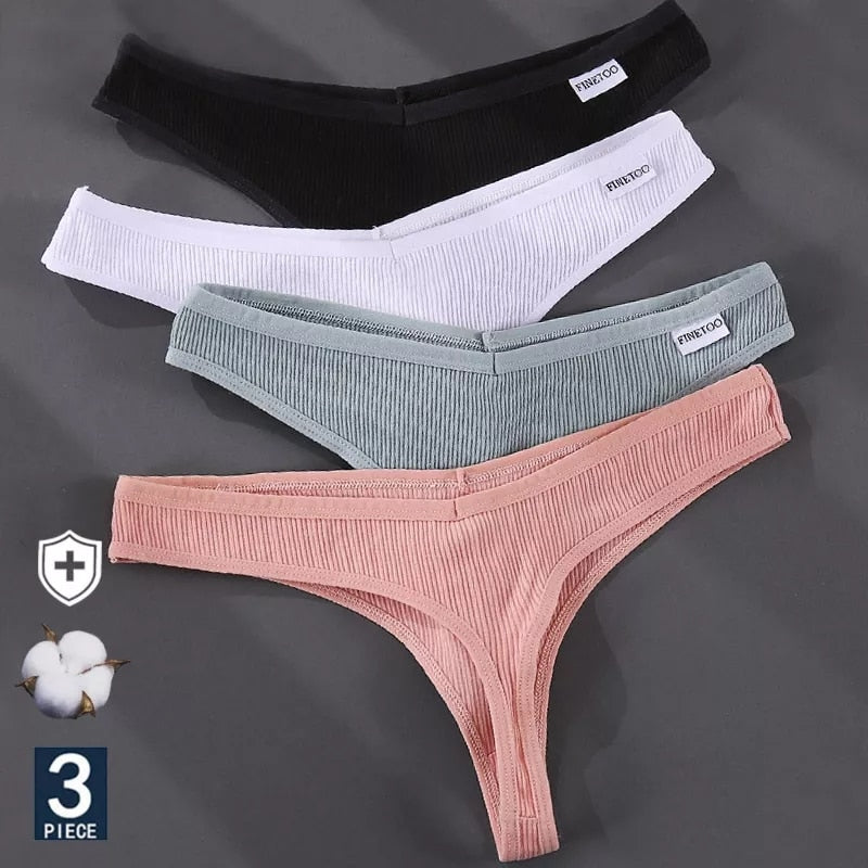 Three solid color cotton G-string panties by The Clothing Company Sydney, featuring comfortable thong underwear for women.