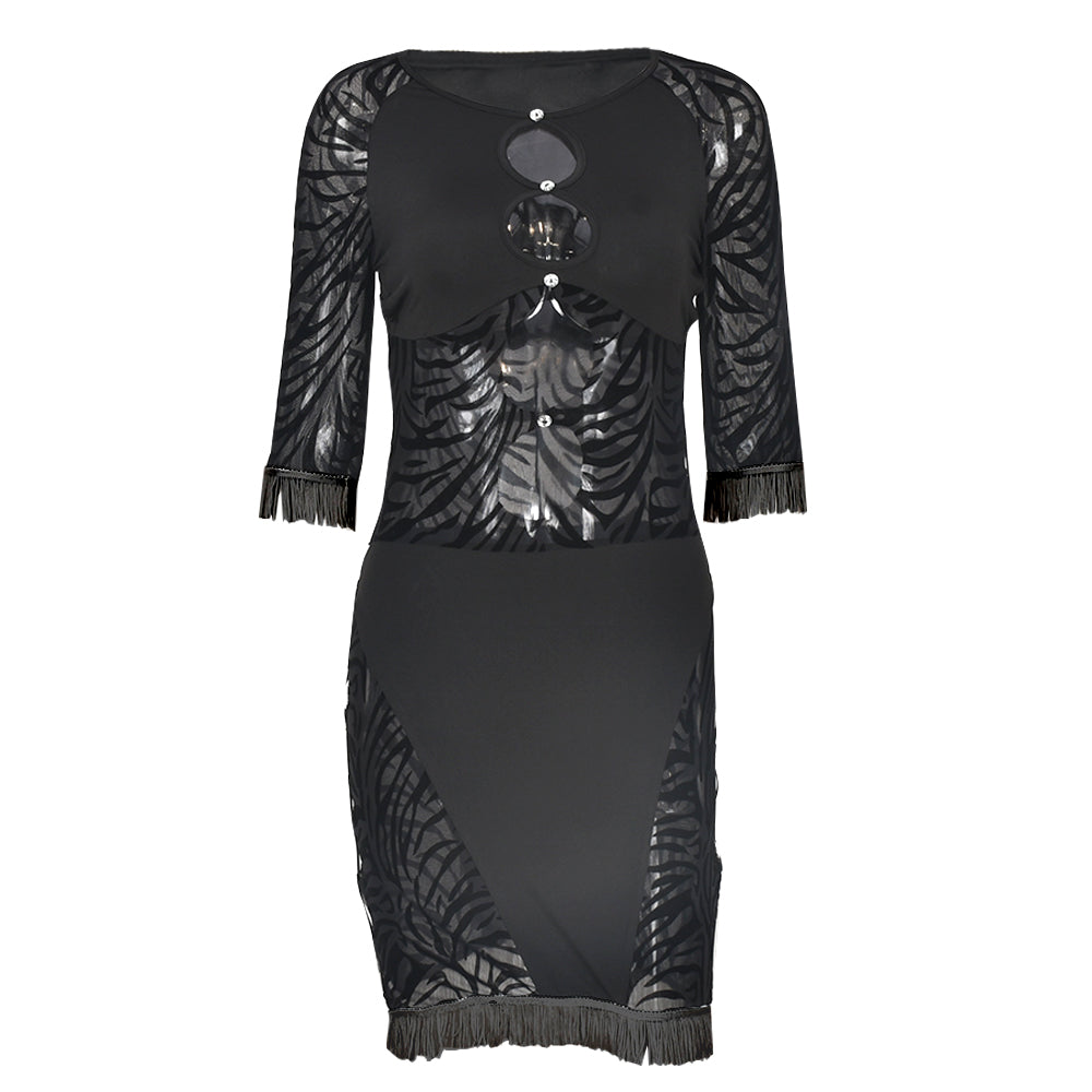 Zebra mesh mini dress by The Clothing Company Sydney featuring cut-out details, transparent fabric, perfect for beach or party occasions.