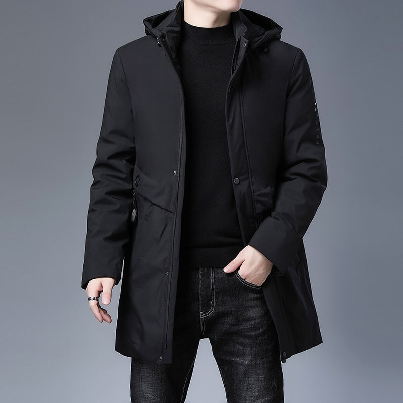 Men's thick warm long parka jacket with hood, casual fashion windbreaker coat by The Clothing Company Sydney.