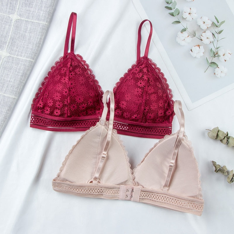 Floral lace bra top by The Clothing Company Sydney, wireless push-up lingerie with removable pads and breathable design.