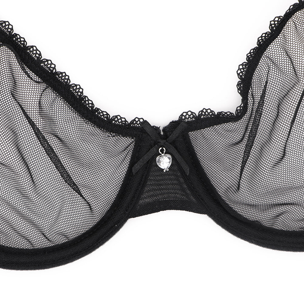 Ultra-thin transparent yarn lingerie set by The Clothing Company Sydney, includes bras, garters, thongs, and stockings in a 4-piece set.