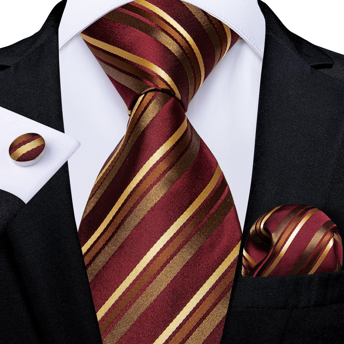 Red designer men's tie set with solid, striped, and paisley patterns, including matching hanky and cufflinks by The Clothing Company Sydney.