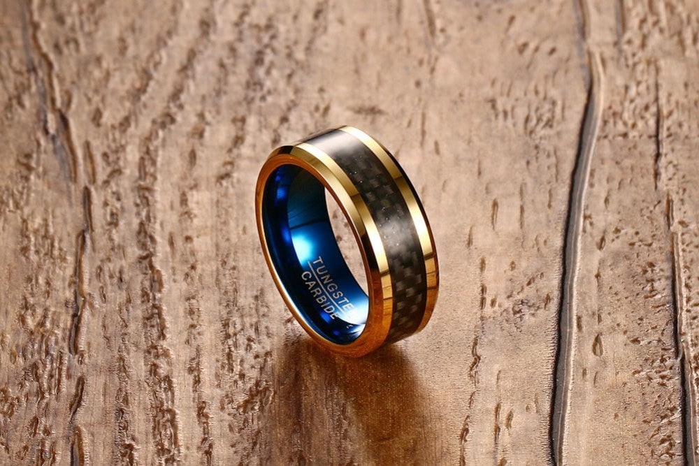 Blue tungsten carbide ring for men with black carbon fiber finish, scratch-resistant jewelry from The Clothing Company Sydney.