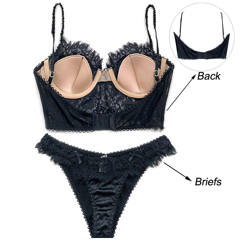 Ultra thin lace lingerie set with bralette, push-up bra, and matching panties from The Clothing Company Sydney.