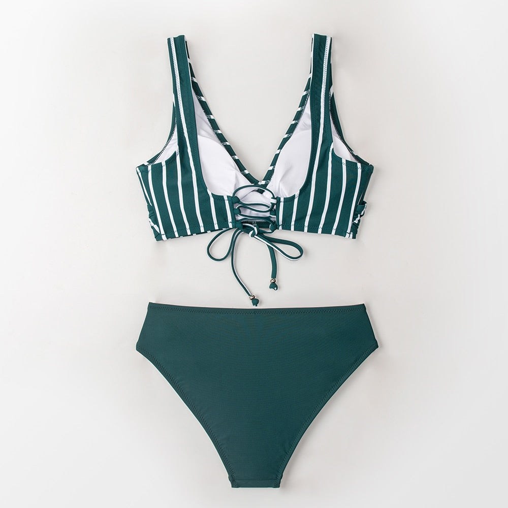 Mid-wait bikini set by The Clothing Company Sydney featuring lace-up design, two-piece swimsuit, perfect for beach and swimming.