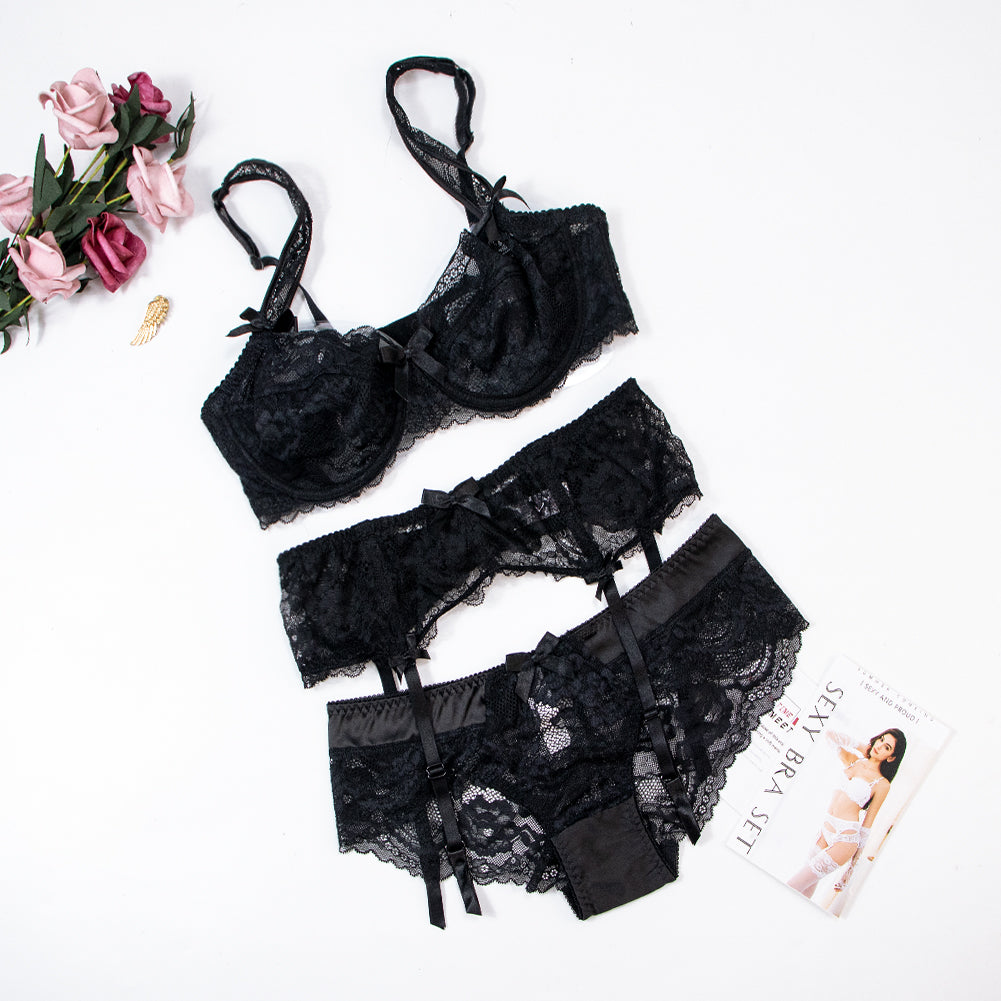 Plus size floral lace lingerie set by The Clothing Company Sydney, includes bowknot bra, panties, and garter in a three-piece set.