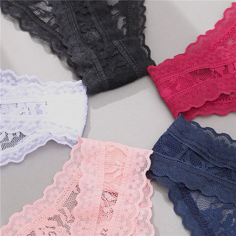 Two lace G-string thong panties from The Clothing Company Sydney, featuring floral design and transparent lingerie for women.