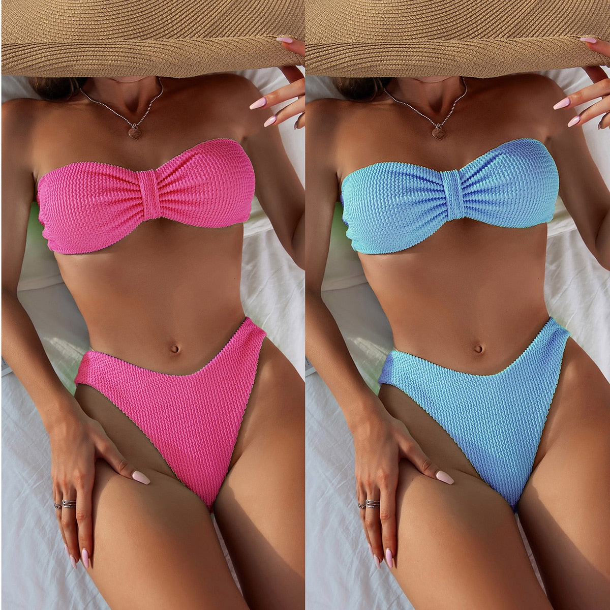 High waist bikini swimsuit by The Clothing Company Sydney featuring a bandeau top and thong Brazilian-style swimwear.
