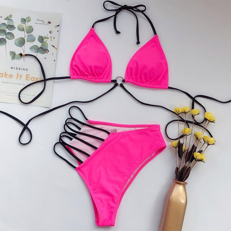 High waist bikini swimsuit by The Clothing Company Sydney, bandeau top and thong Brazilian style swimwear on a model.