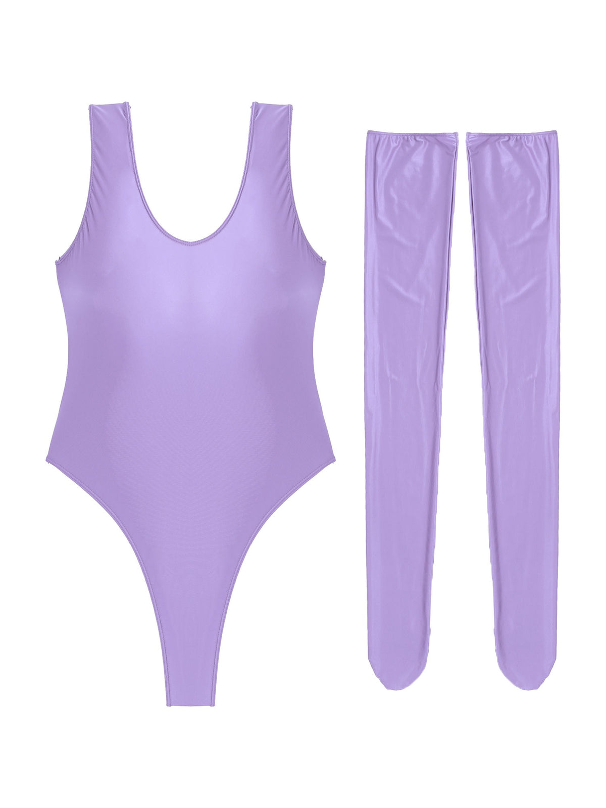 Women's glossy stretchy high-cut swimsuit by The Clothing Company Sydney, sleeveless, slim fit, with stocking-style details.